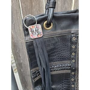 Handmade boho Boston terrier Gift Leather Fringe Western bag charm keychain